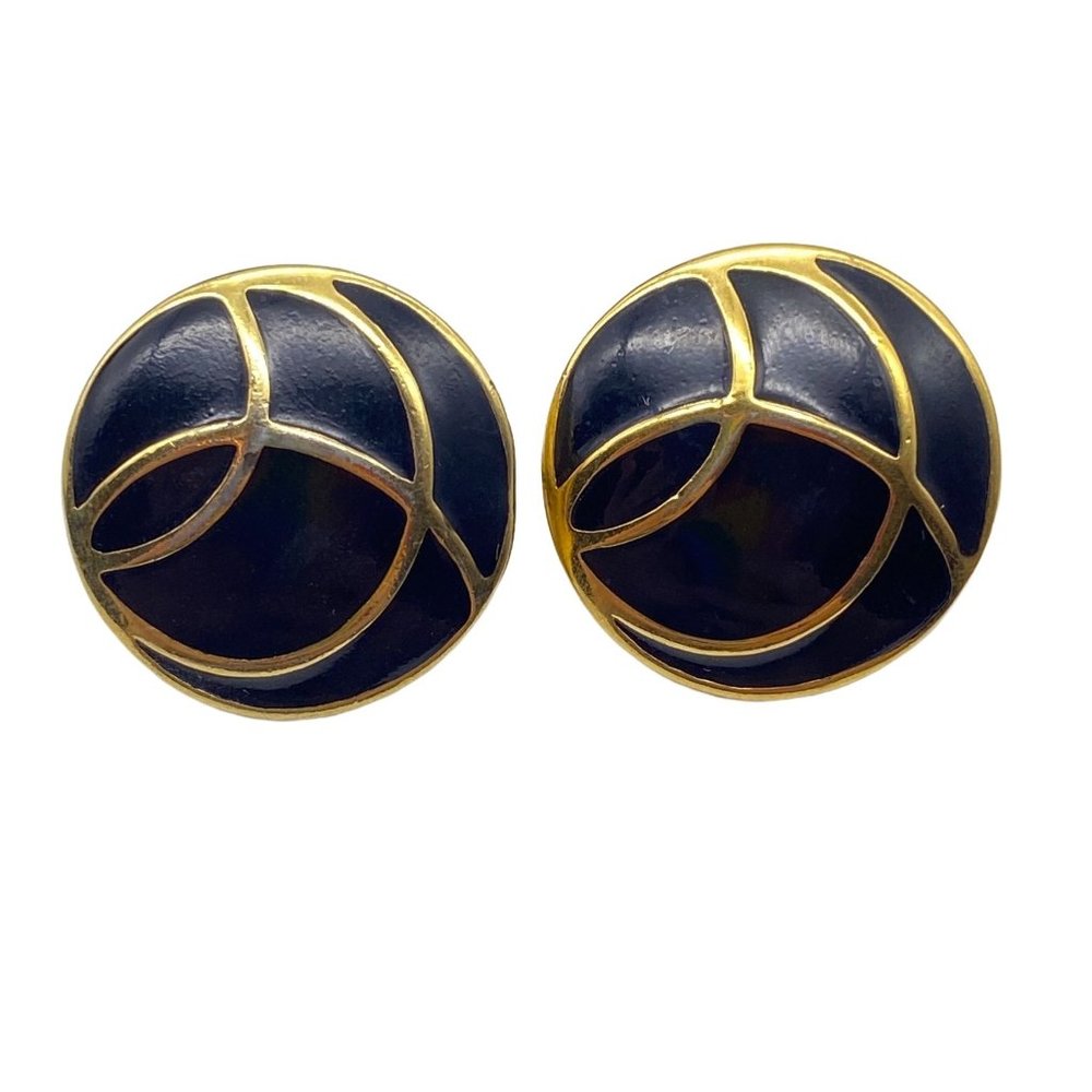 Vintage Monet enamel black & gold circular French clip earrings 80s y2k